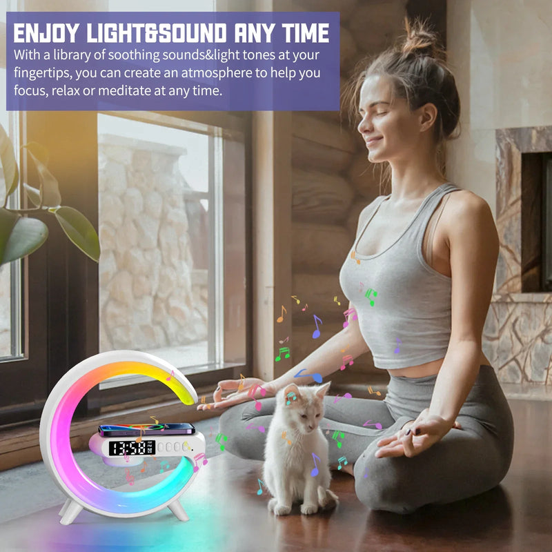 Wireless Speaker Smart Wake LED Up Light RGB Night Light with 15W Wireless Rechargeable Desk Lamp for Bedroom Bedside Game Room