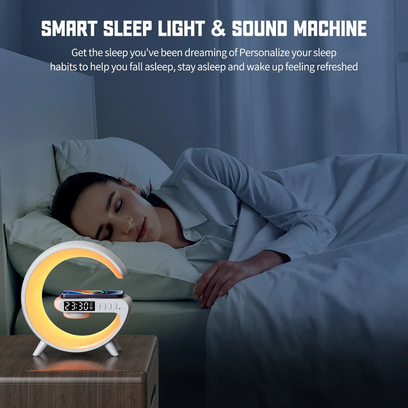 Wireless Speaker Smart Wake LED Up Light RGB Night Light with 15W Wireless Rechargeable Desk Lamp for Bedroom Bedside Game Room