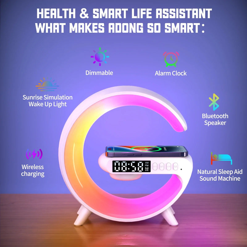 Wireless Speaker Smart Wake LED Up Light RGB Night Light with 15W Wireless Rechargeable Desk Lamp for Bedroom Bedside Game Room